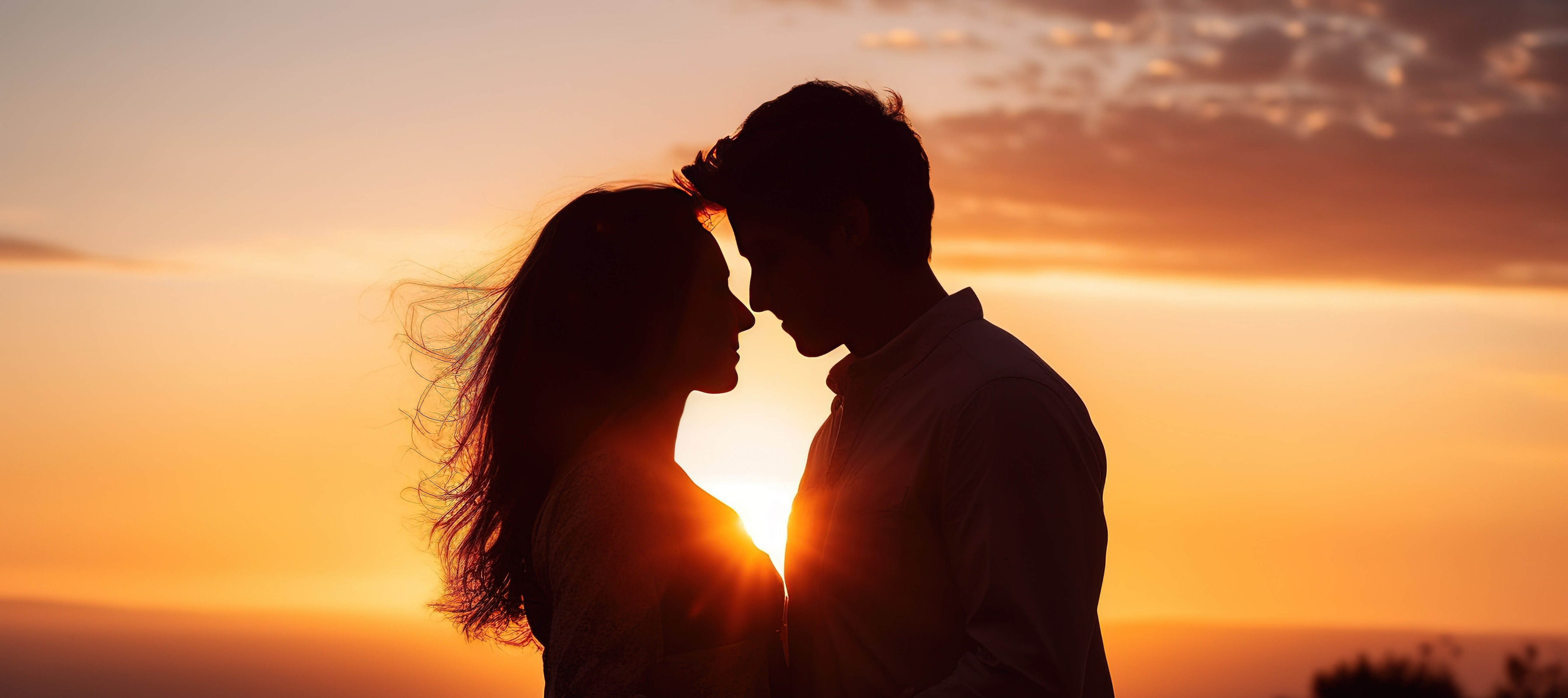 A man and a woman closely facing each other outdoors at sunset