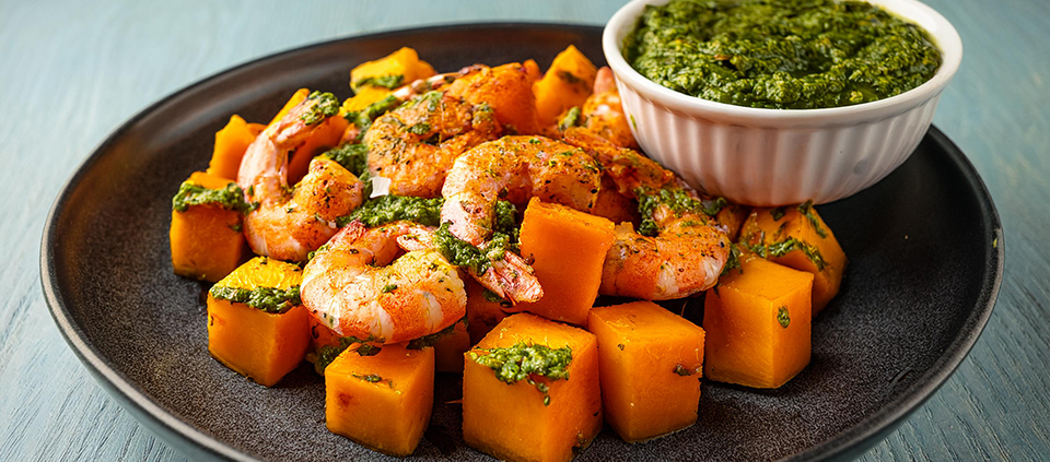 Butternut Squash and Spicy Cilantro Pesto with Shrimp or Tofu